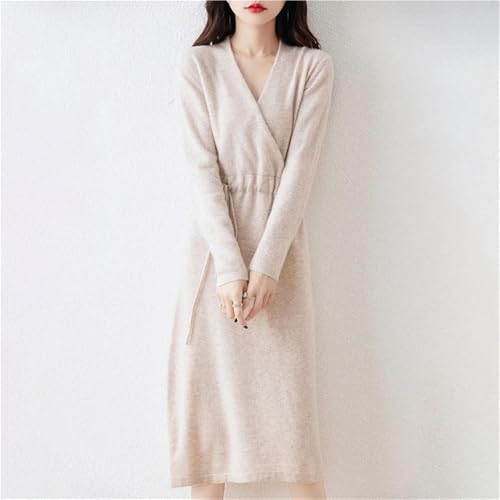 Women's Wool Knit Dress Warm V Neck Long Sleeve Casual Sweater Dress for Fall Winter