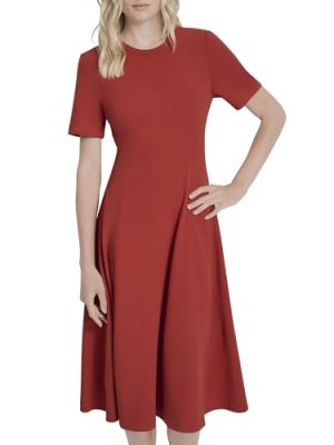 Women's Short Sleeve Jewel Neck Scuba Crepe Flounce Hem Midi Dress