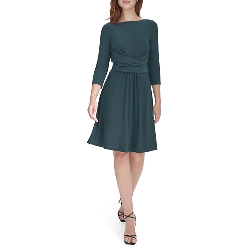 Women's Fit and Flare Jersey 3/4 Sleeve Round Neck Dress