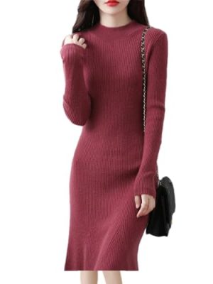Women's Half High Collar Wool Knitted Medium Long Loose Straight Split Simple Dress for Fall Winter