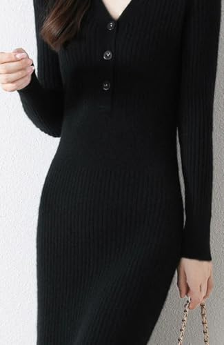 Women's Wool Waist Slimming Over Knee Half Open V-Neck Knitted Casual Dress for Fall Winter