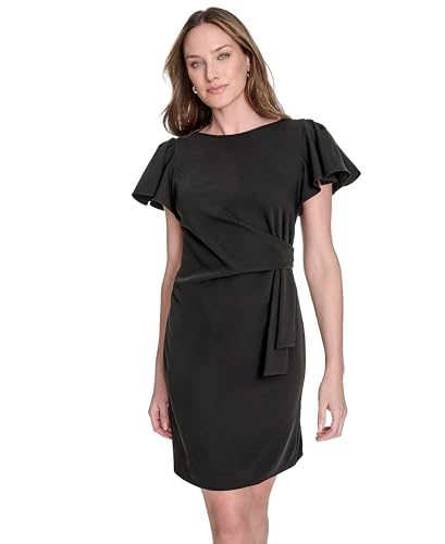 Women's Flounce Sleeve Side Drape Fully Lined Sheath Dress