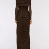 Women Off Shoulder Dress Long Sleeve Bodycon Mesh Ruched High Split Fall Formal Wedding Guest Maxi Dresses