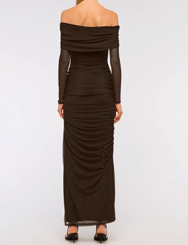 Women Off Shoulder Dress Long Sleeve Bodycon Mesh Ruched High Split Fall Formal Wedding Guest Maxi Dresses