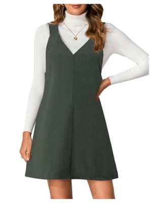 Women V Neck Corduroy Overall Dress 2025 Fall Mini Pinafore Jumper Dress