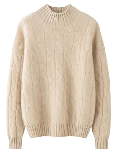 Women's Cable Knit 100 Percent Cashmere Mock Neck Pullover Casual Fall Winter Thick Soft Warm Sweater