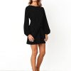 Womens Fall Elegant Long Lantern Sleeve Short Dress Wedding Guest Crewneck Tie Waist Knit Cocktail Dresses
