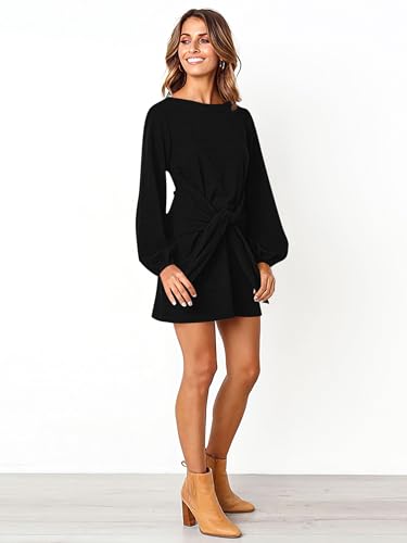Womens Fall Elegant Long Lantern Sleeve Short Dress Wedding Guest Crewneck Tie Waist Knit Cocktail Dresses