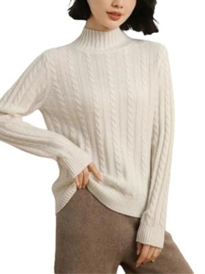Women's Mock Neck Long Sleeve 100 Percent Cashmere Cable Knitting Pullover Fall Winter Thick Soft