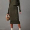 Women's Long Sleeve Sweater Dresses 2 Piece Outfits Sets Ribbed Knit Crop Tops and Tank Bodycon Midi Dress