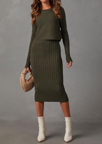 Women's Long Sleeve Sweater Dresses 2 Piece Outfits Sets Ribbed Knit Crop Tops and Tank Bodycon Midi Dress