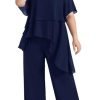 2025 Plus Size Mother of The Bride Pant Suits 2 Piece Chiffon Sets Ruffle Asymmetric Layers Wedding Guest Outfit