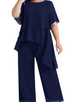 2025 Plus Size Mother of The Bride Pant Suits 2 Piece Chiffon Sets Ruffle Asymmetric Layers Wedding Guest Outfit