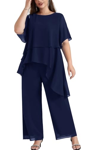 2025 Plus Size Mother of The Bride Pant Suits 2 Piece Chiffon Sets Ruffle Asymmetric Layers Wedding Guest Outfit