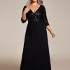 Women's Plus Size V-Neck Sparkle Sequins Chiffon 3/4 Sleevess Formal Dresses 0751-PZ