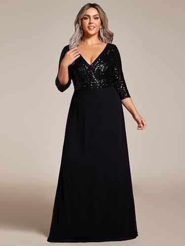Women's Plus Size V-Neck Sparkle Sequins Chiffon 3/4 Sleevess Formal Dresses 0751-PZ