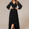 Women's Fall Elegant A Line V Neck Ruched High Low Long Sleeve Formal Wedding Guest Dresses 2043