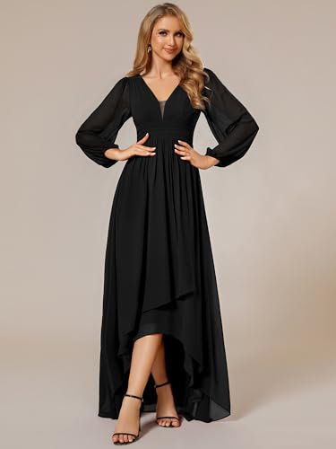 Women's Fall Elegant A Line V Neck Ruched High Low Long Sleeve Formal Wedding Guest Dresses 2043