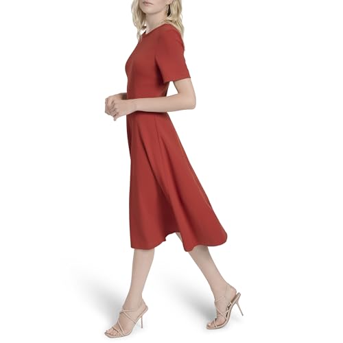 Women's Short Sleeve Jewel Neck Scuba Crepe Flounce Hem Midi Dress