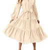 Womens Dresses 2025 Fall Long Sleeve Midi Dress Casual V Neck Button Down Tiered Flowy Aline Tie Waist Shirt Dress