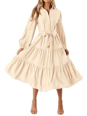 Womens Dresses 2025 Fall Long Sleeve Midi Dress Casual V Neck Button Down Tiered Flowy Aline Tie Waist Shirt Dress