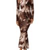 Women's Floral Print Bodycon Ruched Dress Fall Long Sleeve Maxi Wedding Guest Dresses with Side Slit