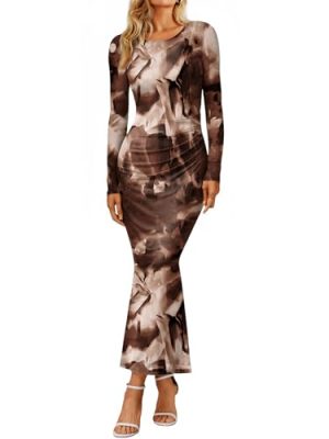 Women's Floral Print Bodycon Ruched Dress Fall Long Sleeve Maxi Wedding Guest Dresses with Side Slit