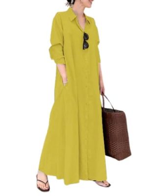 Women's Basic Loose Fit Long Sleeve Button Up Maxi Shirt Dress with Pockets