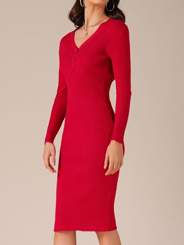Women's Sweater Dress Ribbed Knit V Neck Long Sleeve Bodycon Slim Fitted Elegant Fall Midi Dress