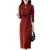 Women's Wool Button Stand Up Collar Split Knitted Bag Hip Dress for Fall Winter