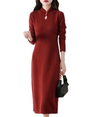 Women's Wool Button Stand Up Collar Split Knitted Bag Hip Dress for Fall Winter