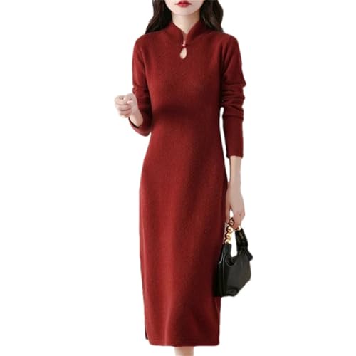Women's Wool Button Stand Up Collar Split Knitted Bag Hip Dress for Fall Winter