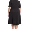 Women's Knit Eyelet Short Sleeve Crepe Inset Waist Midi with Button Detail