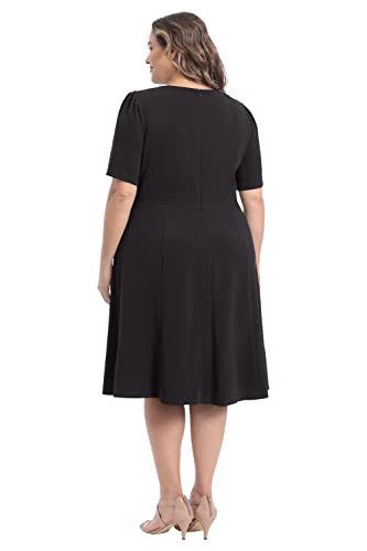 Women's Knit Eyelet Short Sleeve Crepe Inset Waist Midi with Button Detail