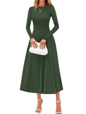 Fall Dresses for Women 2025 Long Sleeve Work Casual A Line Pleated Cocktail Church Midi Winter Sweater Dress