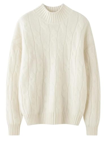 Women's Cable Knit 100 Percent Cashmere Mock Neck Pullover Casual Fall Winter Thick Soft Warm Sweater
