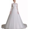 Women's Long Sleeves A-line Beaded Applique Tulle Wedding Dress