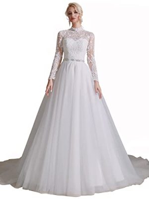 Women's Long Sleeves A-line Beaded Applique Tulle Wedding Dress