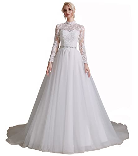 Women's Long Sleeves A-line Beaded Applique Tulle Wedding Dress