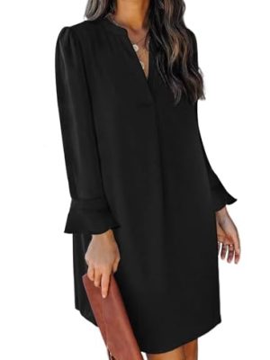 Fall Dresses for Women 2025 Casual V Neck Long Sleeves Flowy Mini Tunic Dress