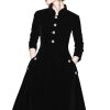 Women's Long Sleeves Velvet Button Up Swing Midi Dress with Pockets