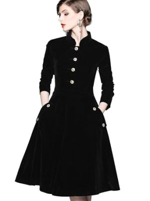 Women's Long Sleeves Velvet Button Up Swing Midi Dress with Pockets