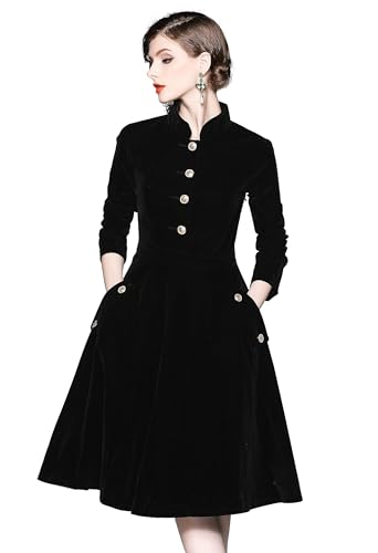 Women's Long Sleeves Velvet Button Up Swing Midi Dress with Pockets