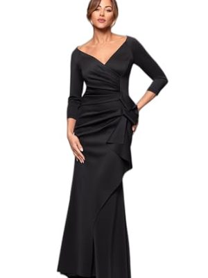 Women's Long 3/4 Sleeve V-Neck Side Ruched Gown (Reg and Petite)