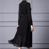 Women Embroidered Lapel Shirt Dress Lace-Up Long Sleeve Midi Dress