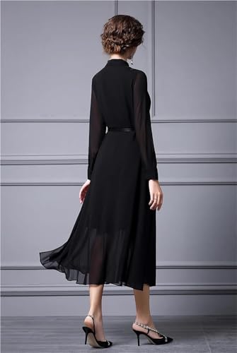Women Embroidered Lapel Shirt Dress Lace-Up Long Sleeve Midi Dress