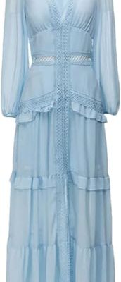 Women Lace V-Neck Ruffle Sleeve Slim Fit Long Dress Solid Color Long Sleeve Cocktail Dress