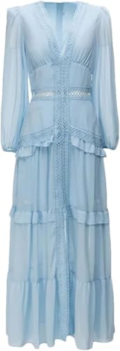 Women Lace V-Neck Ruffle Sleeve Slim Fit Long Dress Solid Color Long Sleeve Cocktail Dress