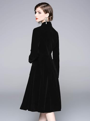 Women's Long Sleeves Velvet Button Up Swing Midi Dress with Pockets