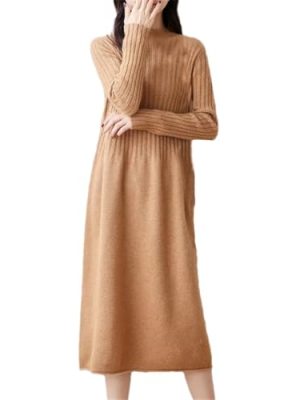 Women's Wool Half High Neck Seven Needle Double Strand Thickened Knitted Long Loose Fit Dress